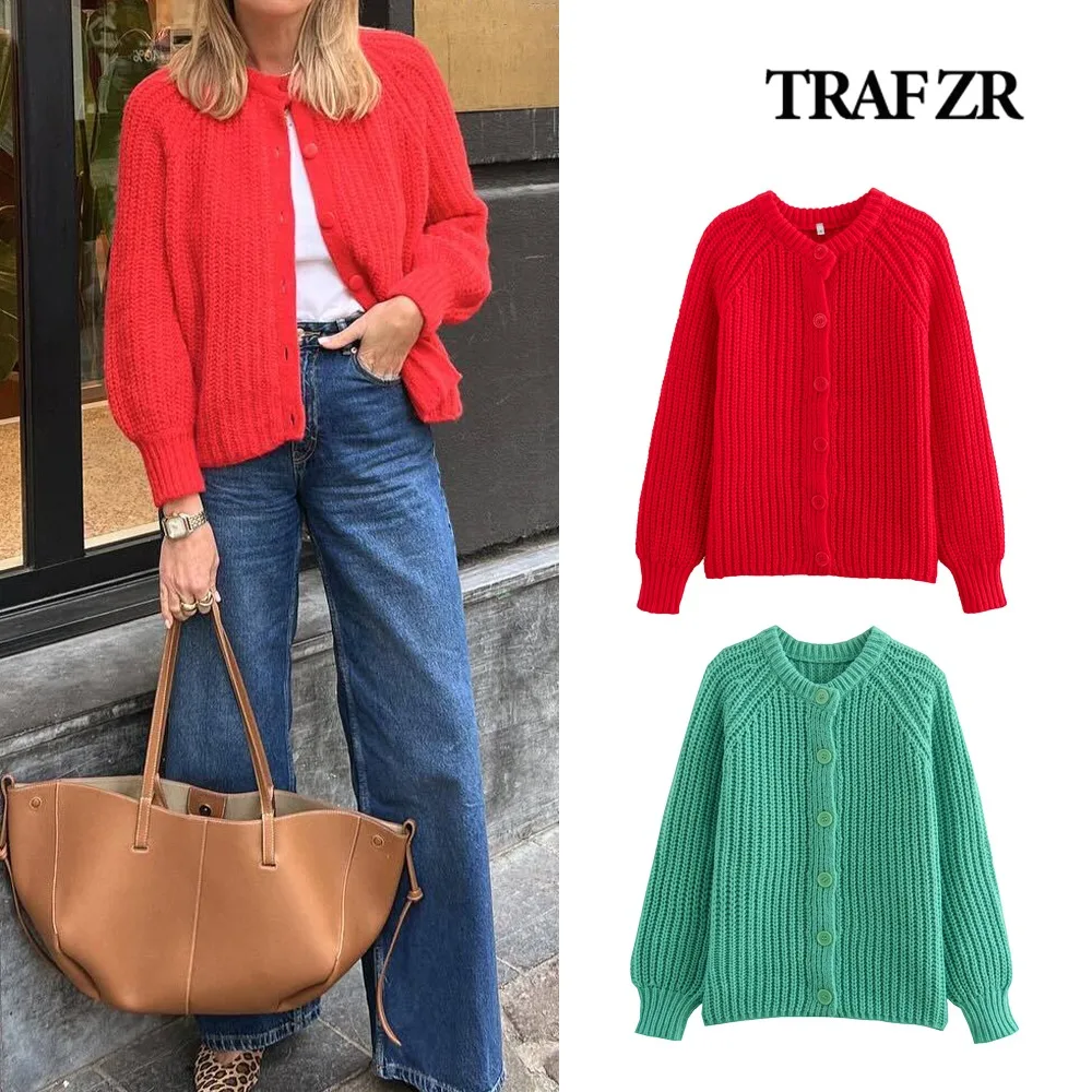 TRAF ZR Vintage Knitted Cardigan for Women Elegant Chic Raglan Sleeve O-neck Sweaters Y2k Women's Knitwears with Front Buttons