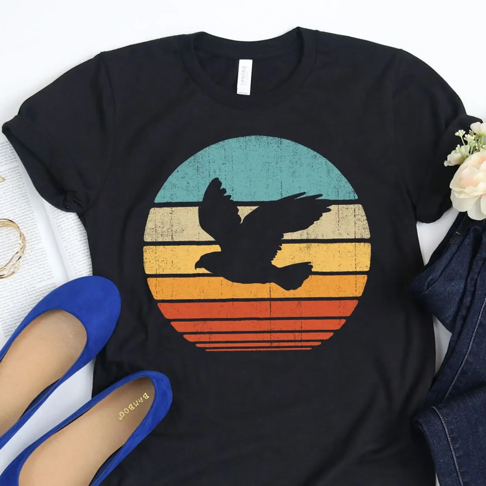 Retro Vintage Sunset Hawk T Shirt Lover s Bird Animal Casual Print  vintage Washed homme Stretched graphic streetwear Slightly