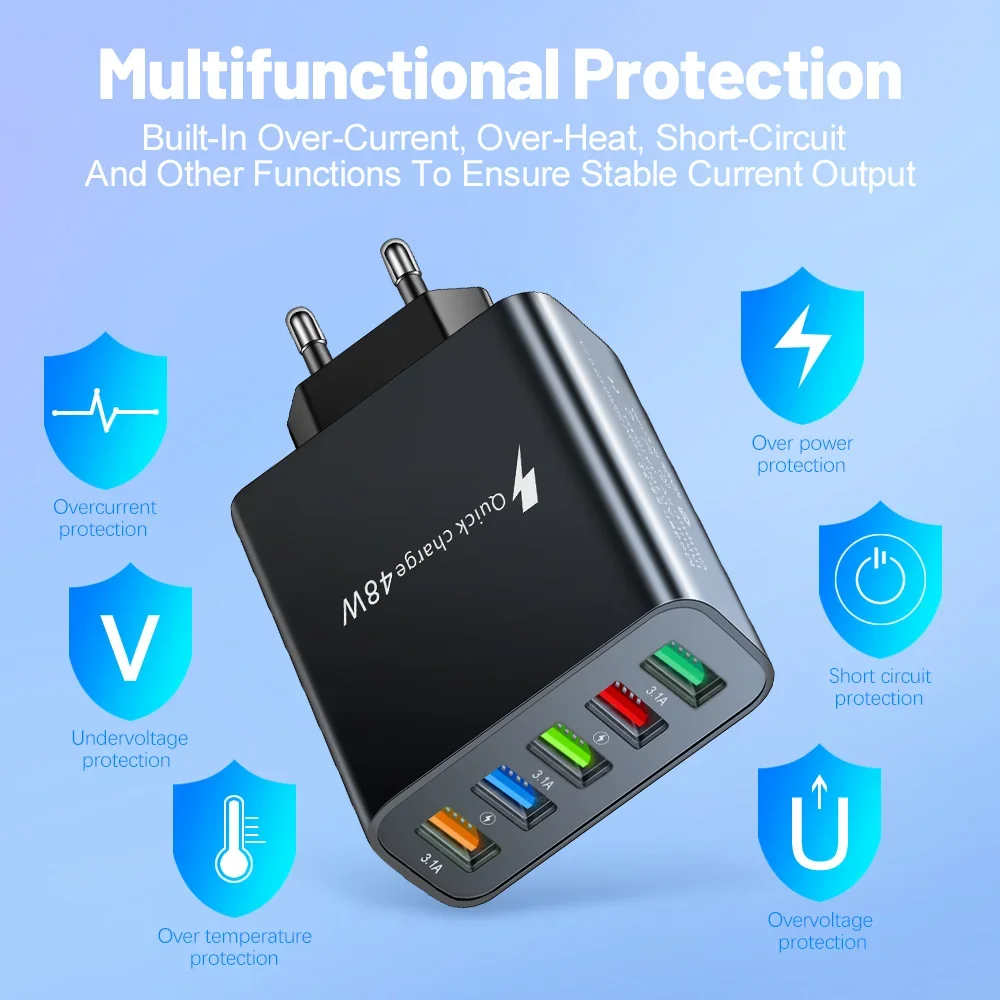 USB 48 واط 3.1A شاحن الهاتف متعدد المنافذ شاحن محول الشحن السريع آيفون سامسونج Oneplus Xiaomi الاتحاد الأوروبي/الولايات المتحدة التوصيل الجدار شاحن