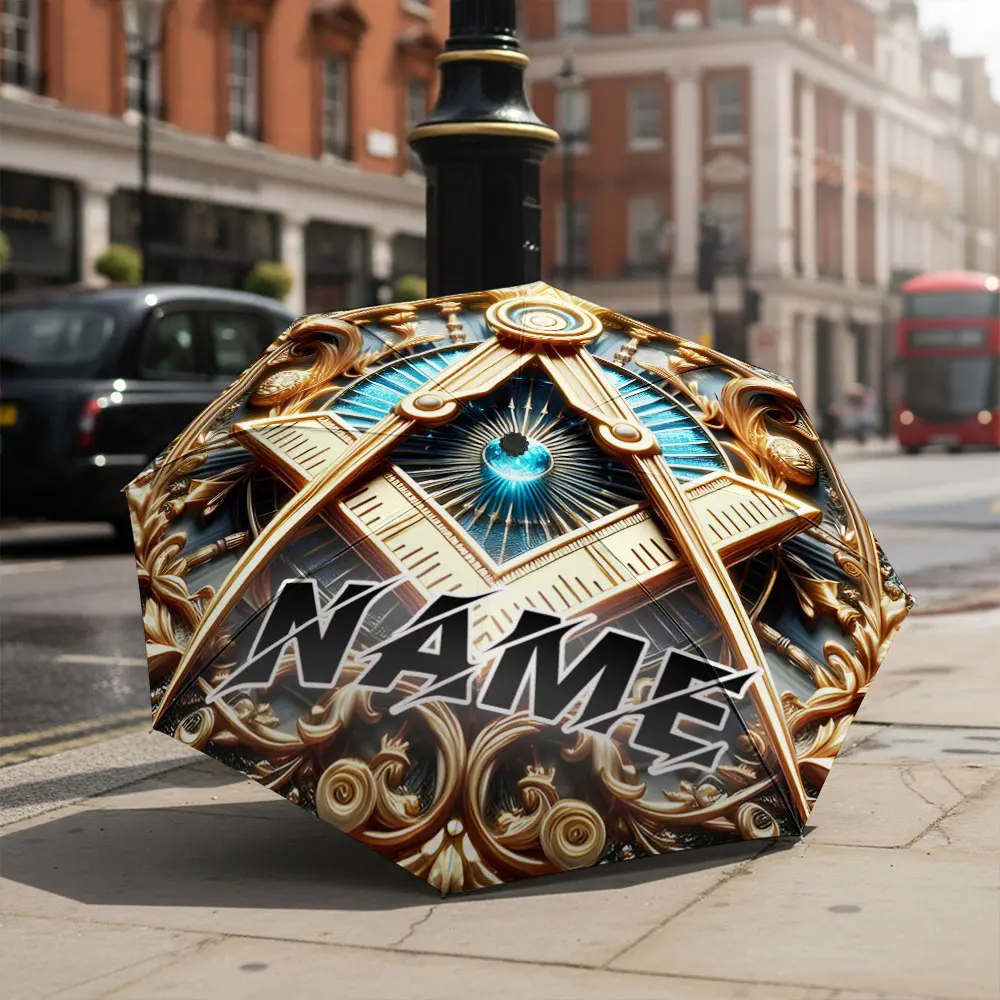 Custom Name umbrella, Masonic Symbol Gold Compass and Ruler Design Umbrella Fashion Fashion Folding Umbrella for Daily Use,Gift