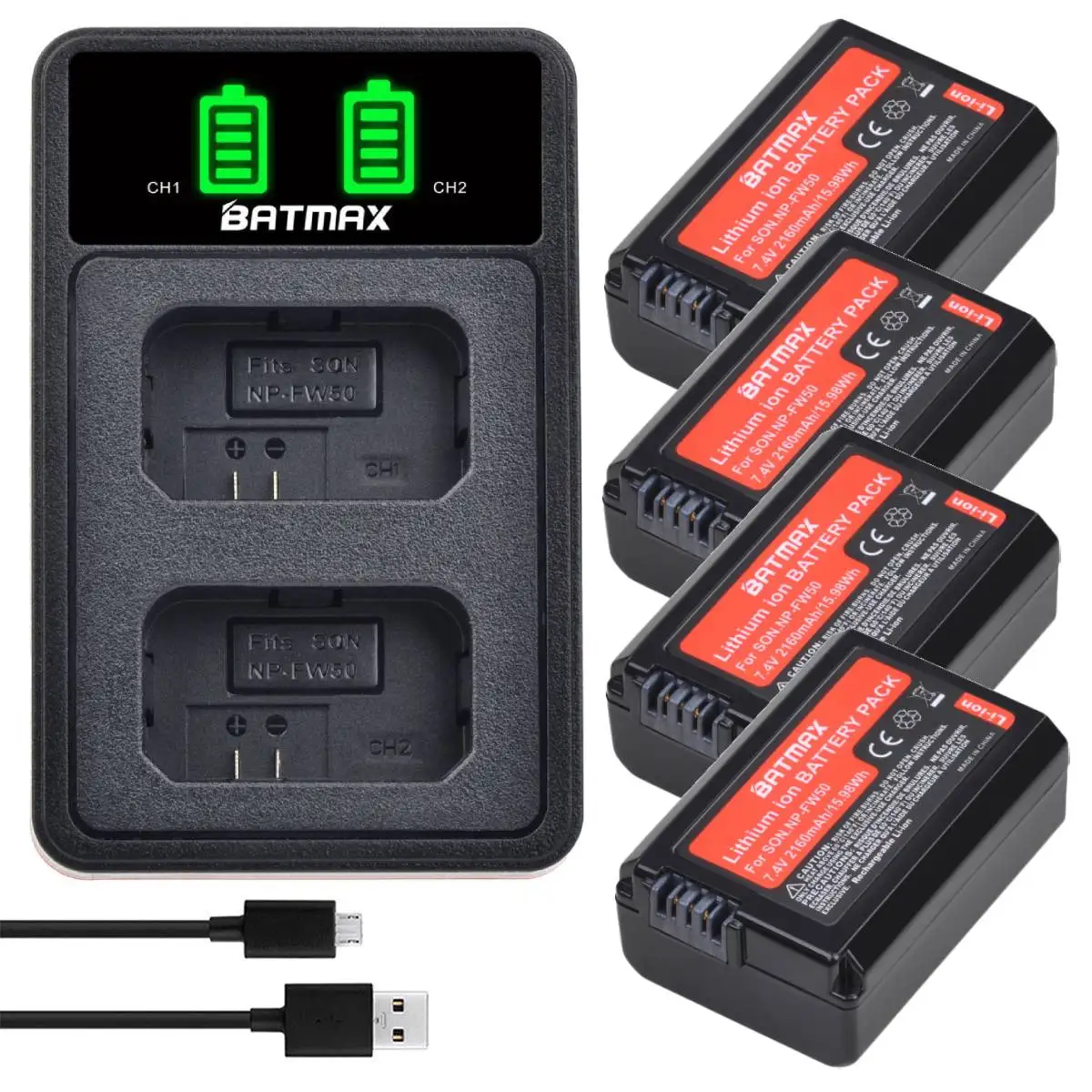 Batmax NP-FW50 NPFW50 2160mAh Battery +LED Dual Charger for Sony Alpha a6500 a6400 a6300 a7 7R a7R a7R II a7II NEX-3 ZVE10