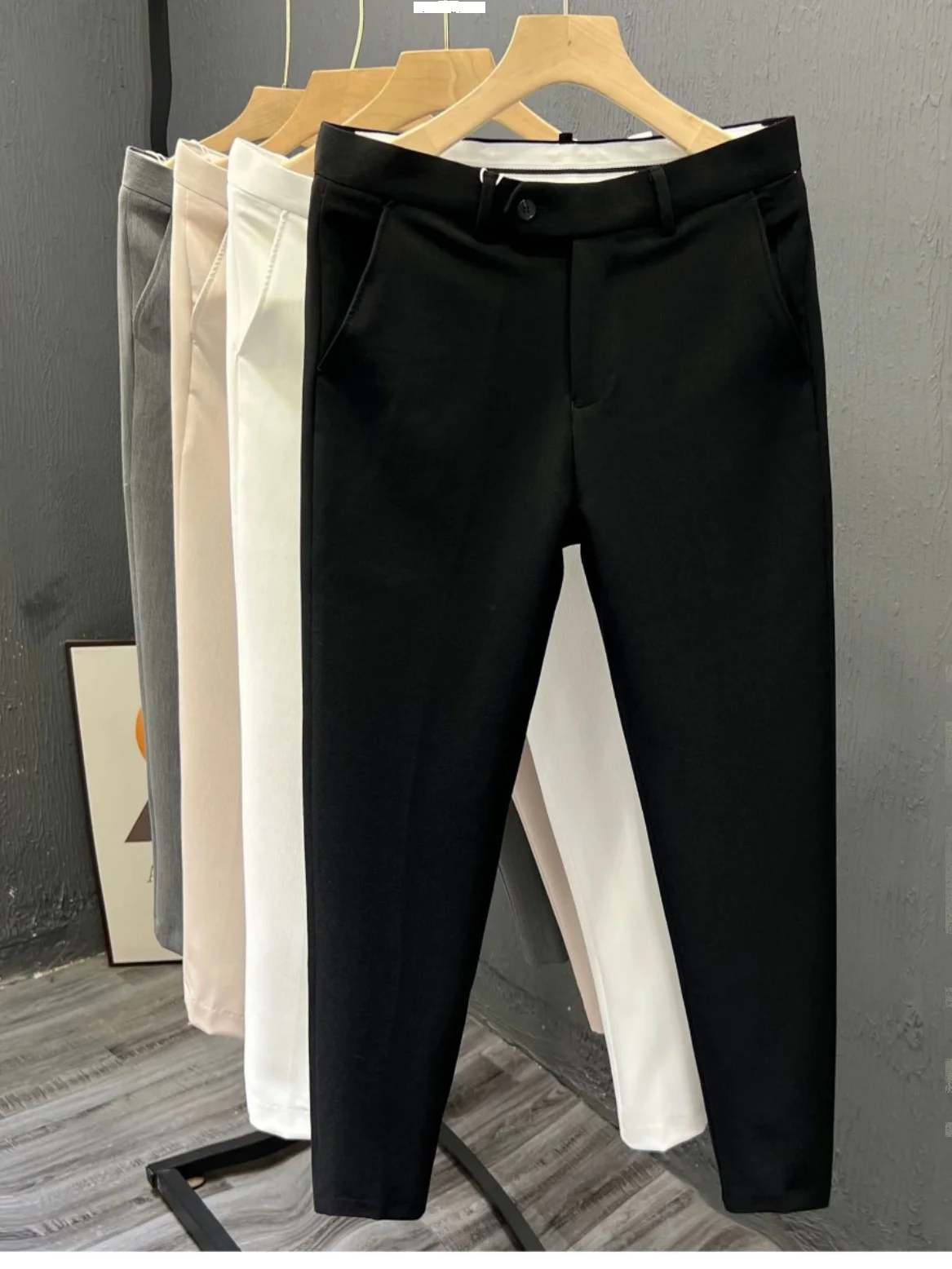 스타일리시한 단색 콘 9 남성 캐주얼 브리티시 여름 바지 다림질 필요 없는 슬림핏 캐주얼 바지 비즈니스 신사 스타일