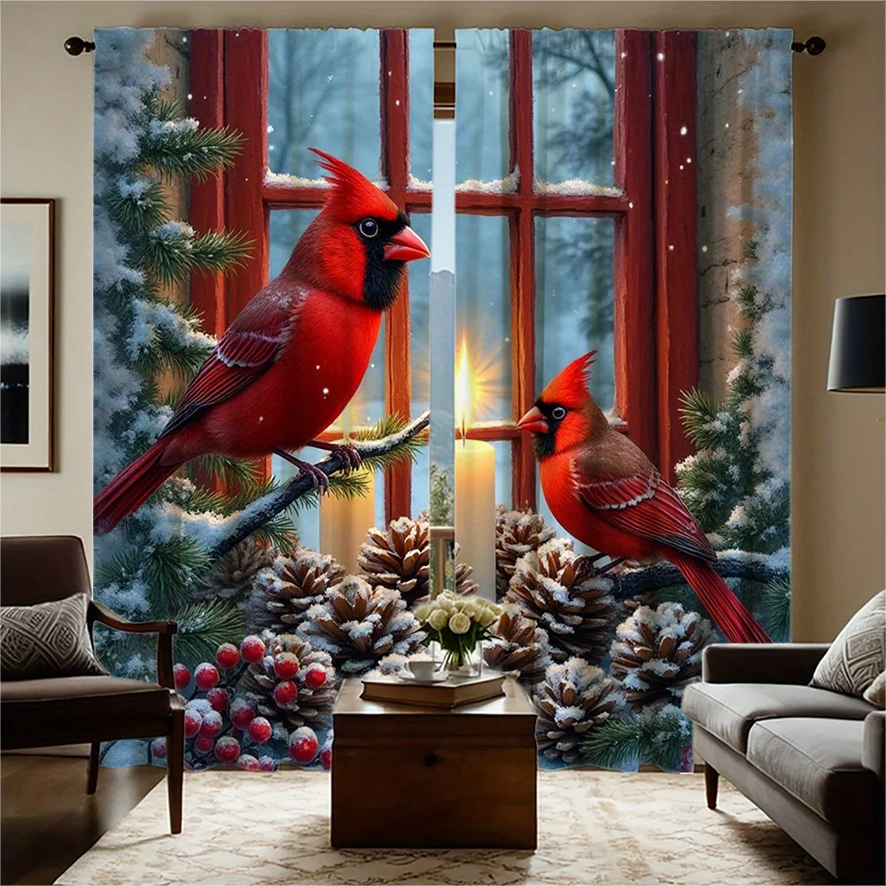 Winter Cardinal Curtains 2pcs, Pine Cone Candlelight Snow Scene Semi-Opaque Light Filtering Polyester for Living Room Bedroom