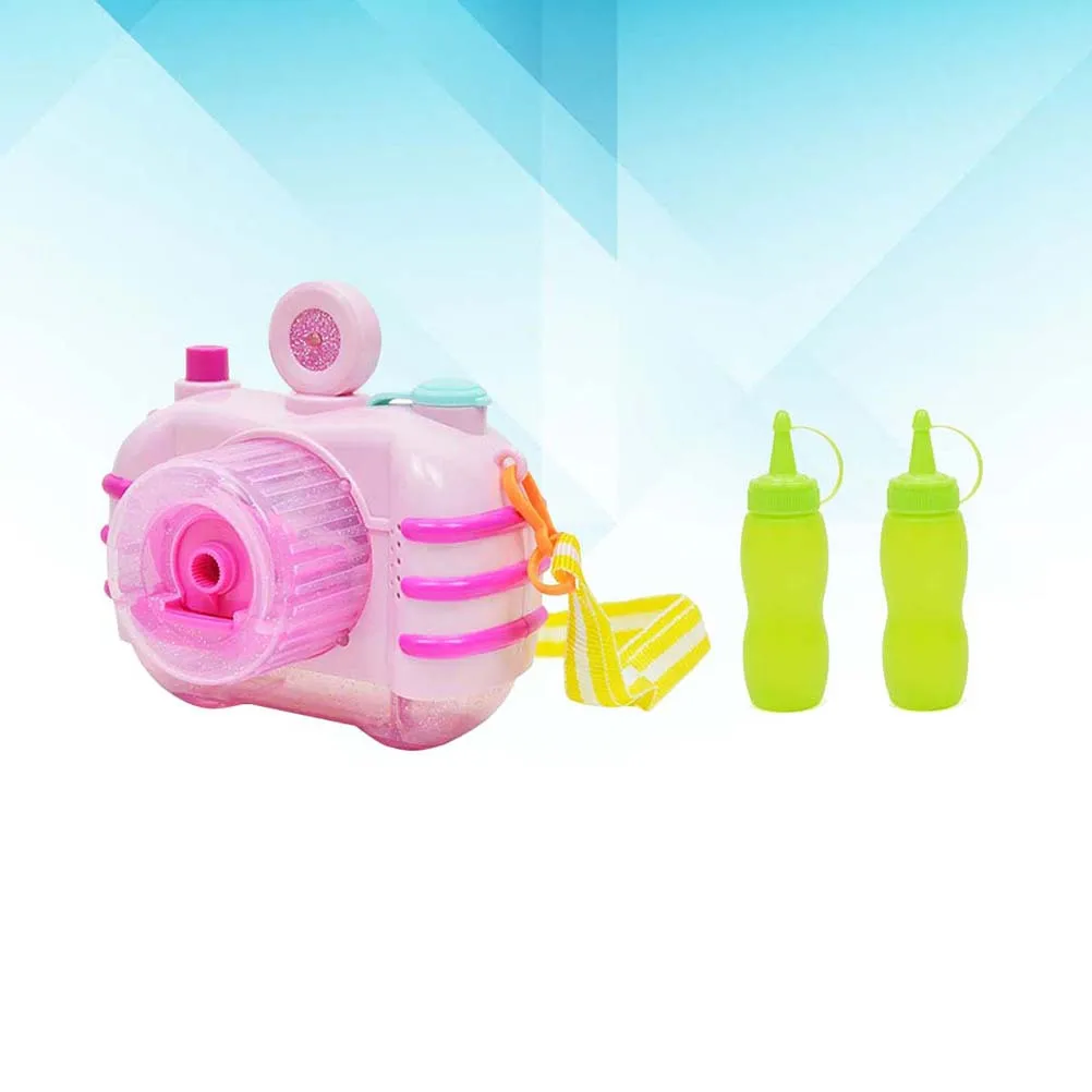 Fabricante de bolhas com design de câmera automático com música leve 2 garrafas rosa para festa infantil sem fabricante de bolhas