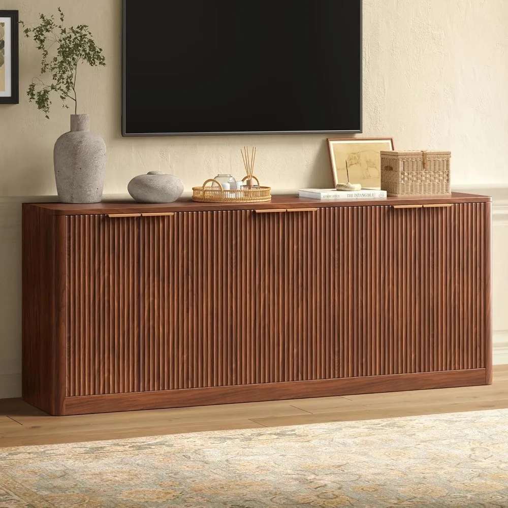 67" Walnut Fluted TV Stand for TVs up tp 75", Mid-Century Modern Entertainment Center with Storage Cabinets, Customized