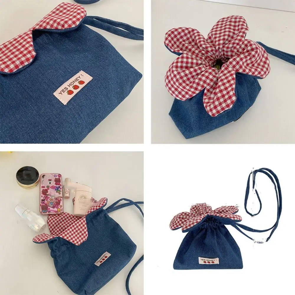 Casual Bundle Pocket Flower Drawstring Bag Storage Bag Plaid Flower Handbag Cloth Satin Denim Shoulder Bag Shopping
