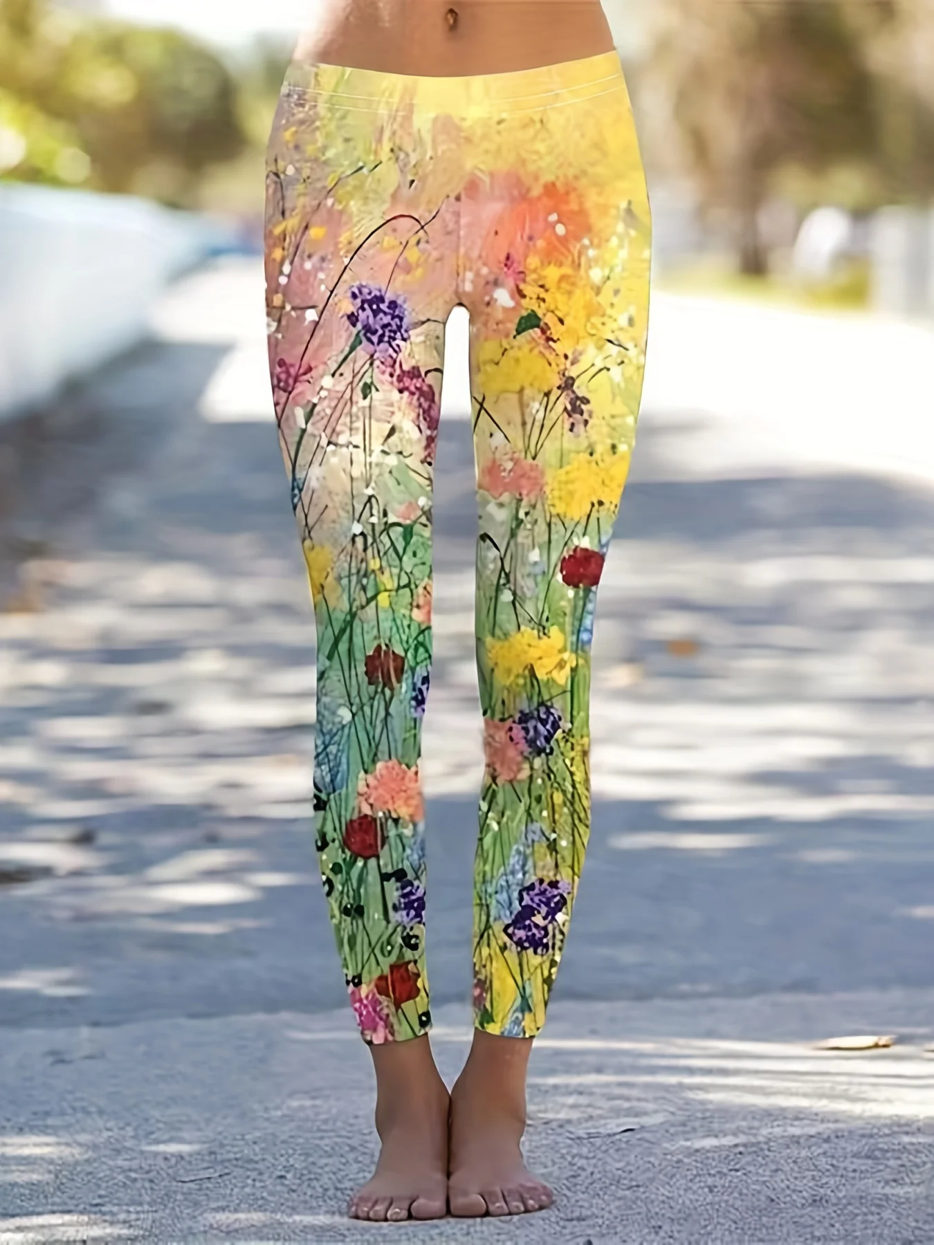 Women Mid‑Waist Fleece Lined Ankle Length Leggings Oil Painting Wild Flower Print Stretch Slim Warm Elastic Casual Daily  Pants