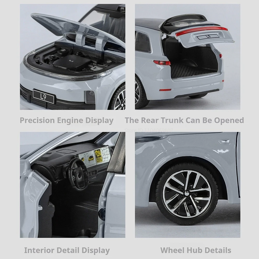 1:32 스케일 L9 ONE 신에너지 자동차 모형 장난감 문 열림 후진 소리 및 라이트 시뮬레이션 오프로드 차량 모형 합금 장난감