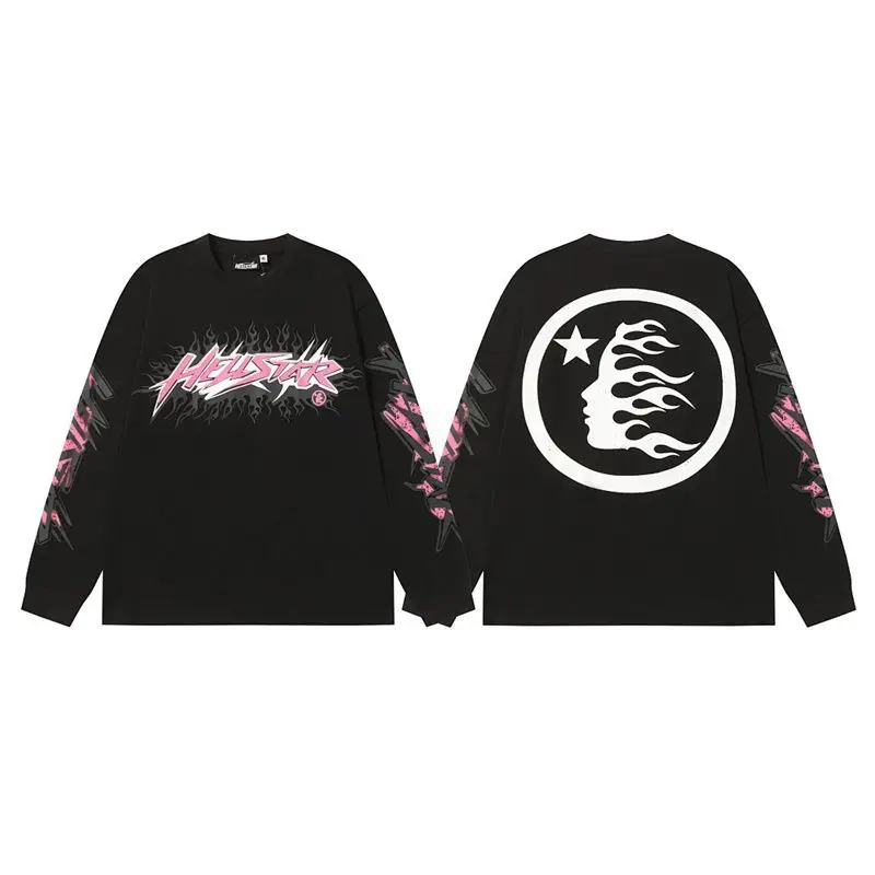 Hellstar American Streetwear Flame Letter Print High Street Loose Casual Trendy Long Sleeve T-Shirt Unisex Men Women