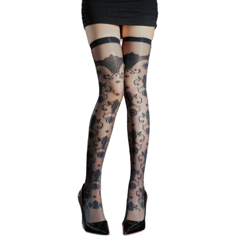 Women's Sexy Vintage Jacquard Aurora Stockings Elastic Ultra-Thin Transparent Oil Shiny Glossy Over Knee Tights Thigh High Socks