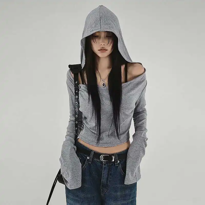 

Винтажная толстовка с длинным рукавом, женская футболка Y2k, серый топ с открытыми плечами, сексуальные укороченные футболки, базовая блузка, модная уличная одежда 2023 г.