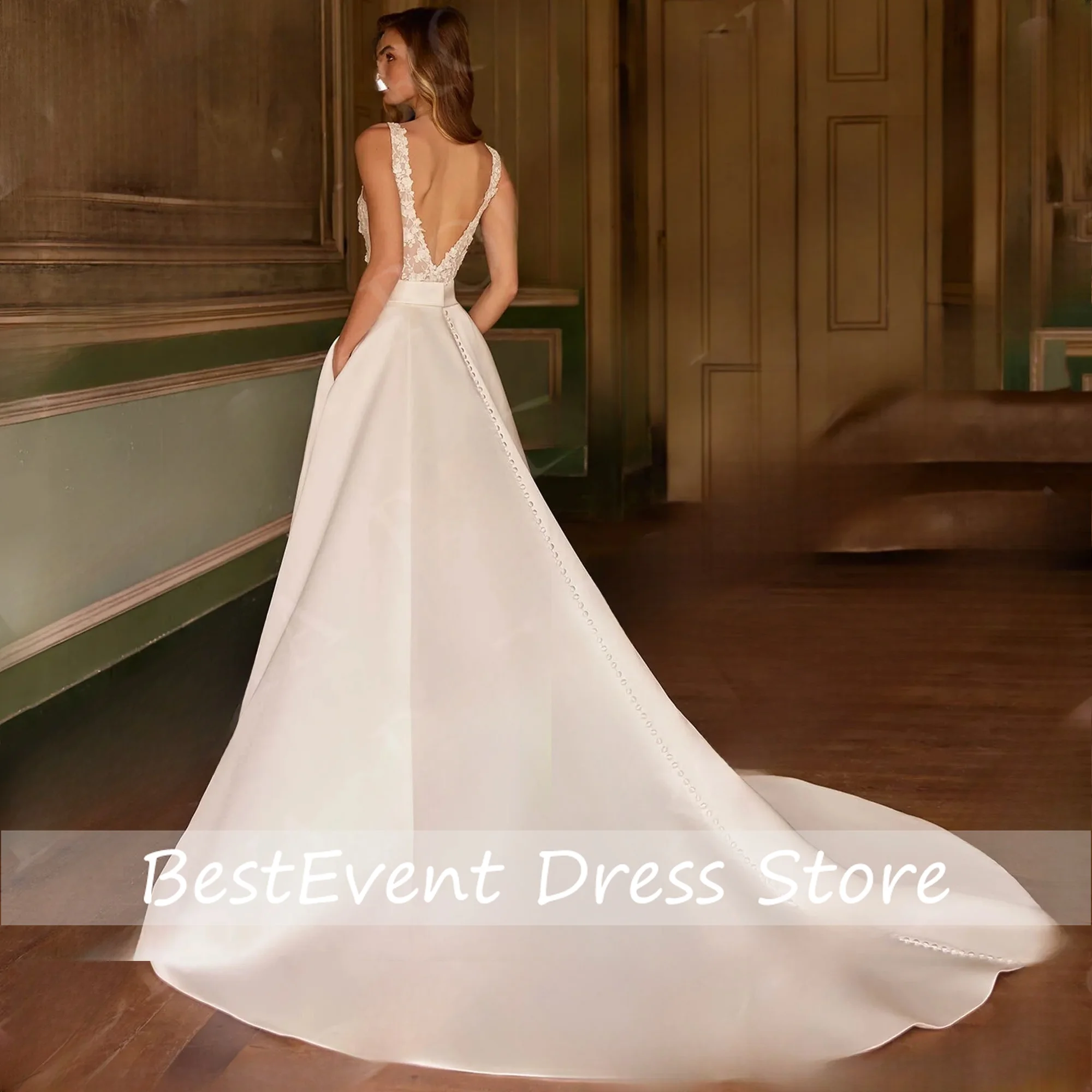 Wedding Dresses Satin Bride Gowns Sleeveless Two-Piece Lace V Neck A Line Bridal Dress Woman Customized Vestido Novia Customized
