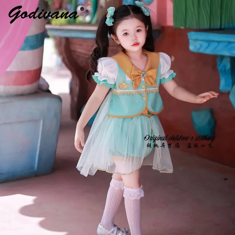 Sweet Baby Girls Princess Sailor 2pcs Set 2026 New Summer JK Preppy Doll Collar Puff Sleeve Mesh Patchwork Blouse and Bud Pants