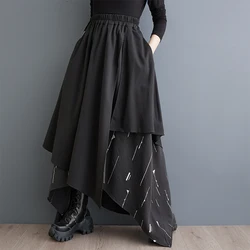 #3056 Black Irregular Printed A-line Skirt Women Hip Hop Streetwear High Waisted Skirt Split Joint Long Skirts For Women Autumn