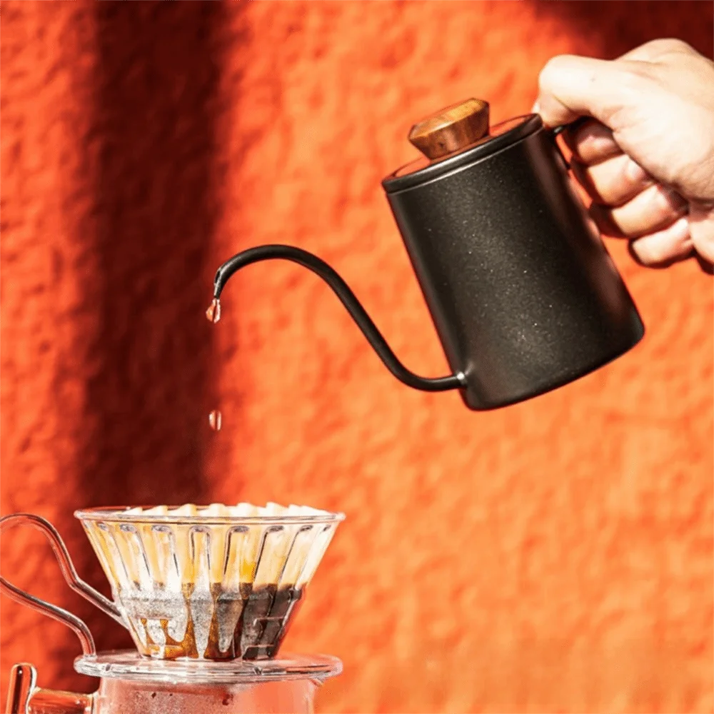 304 Stainless Steel Goose Neck Coffee Pot 300ml Capacity Wood Lid Pour Over Coffee Kettle Drip Spout Comfortable Grip