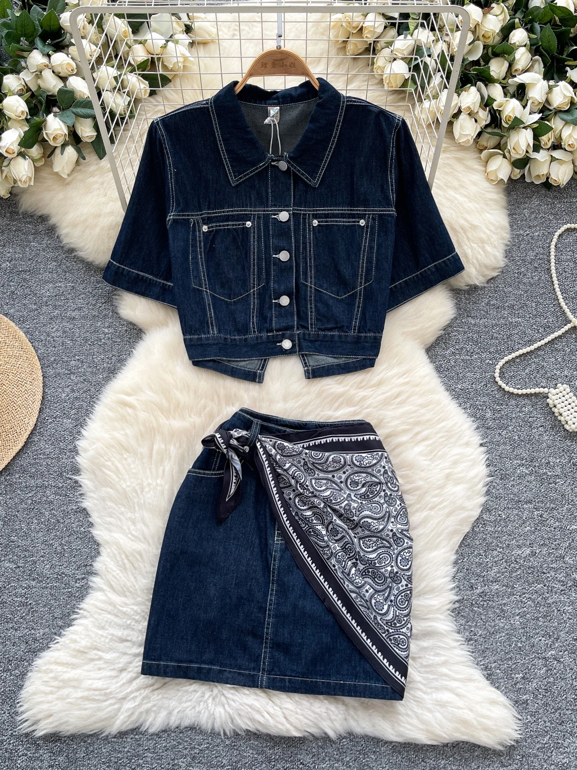 

Women's Denim Two-Piece Outfit Summer Silver Buttons Slimfit Short Sleeve Vintage Soild Color All Match skirts