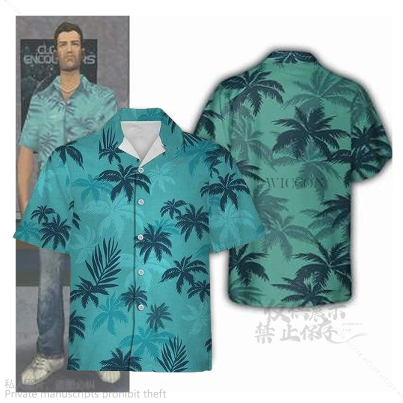 

Summer Top Anime Tommy Cosplay Costume Vercetti Grand Auto Protagonist Player Coast Style Beach Blue T Shirt Halloween Green