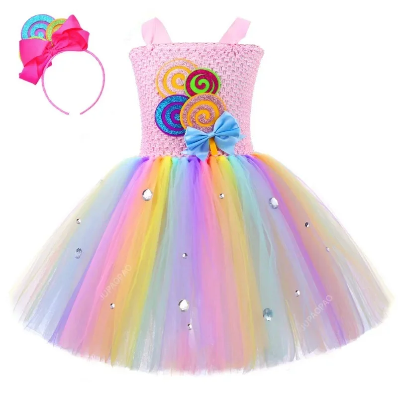 Rainbow Candy Lollipop Costume for Girls Birthday Party Tutu Princess Dress Ball Gown Kids Carnival Christmas Halloween Clothes