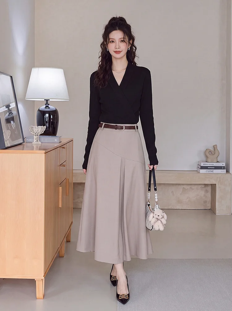 French Elegant Brown Panel A Line Midi Skirt Women High Waist Pleated Flared Long Skirt Autumn Minimalist Office Commute Bottom