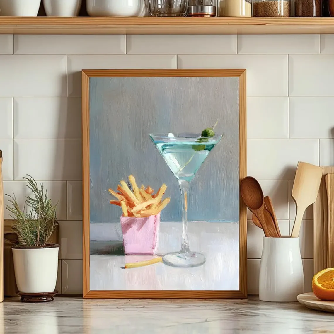 Martini and French Fries Kitchen Art – Whimsical Food and Drink Print – Oil Painting Wall Art – Retro Bar Decor – Framed or Canv