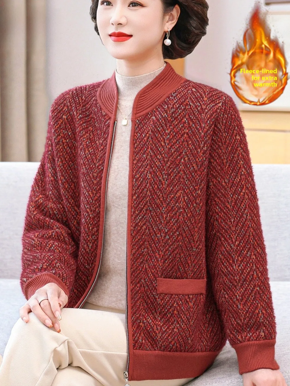 

Thiened Fce Warm Knitted Open Cardigan Mommy Sle Autumn Winter Faion Outerwear Top Zipper ly Women's Faion