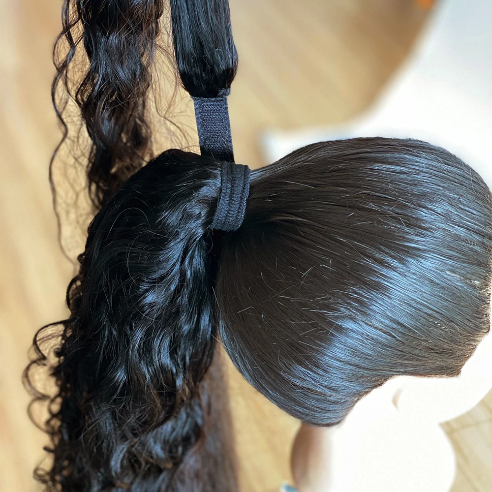 100g Natural Wave Human Hair Wrap Around Ponytail Remy Hair Extensions Brazilian Water Wavy Hair Pieces Natural Color For Women