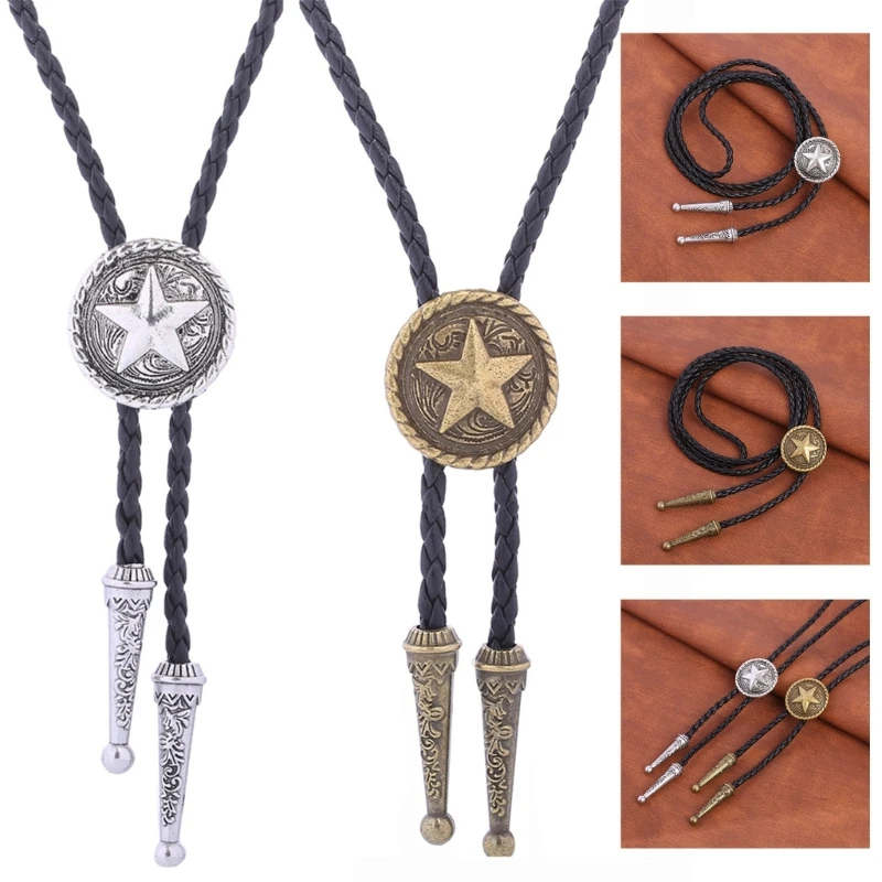 Collar de cuerda de cuero de imitación de estrella de Metal occidental de vaquero Vintage, corbata Bolo americana