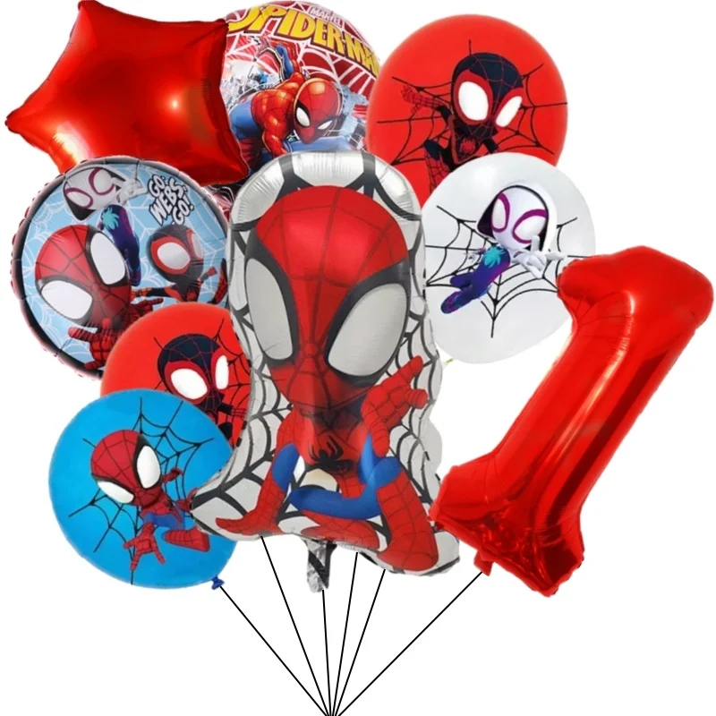 9Pcs Spidey And His Amazing Friend Foil Balloon Set 32inch Red Number Baby Shower Superhero Themed Kids Boys Birthday Party Deco