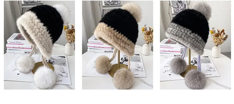 Echte Nerz Pelzmütze mit Fuchspelz Ball Ohrenschützer Schutzkappe Wintermütze für Frauen Russische Herbstmütze Fuchspelzmützen Herbstmütze – Detail 4