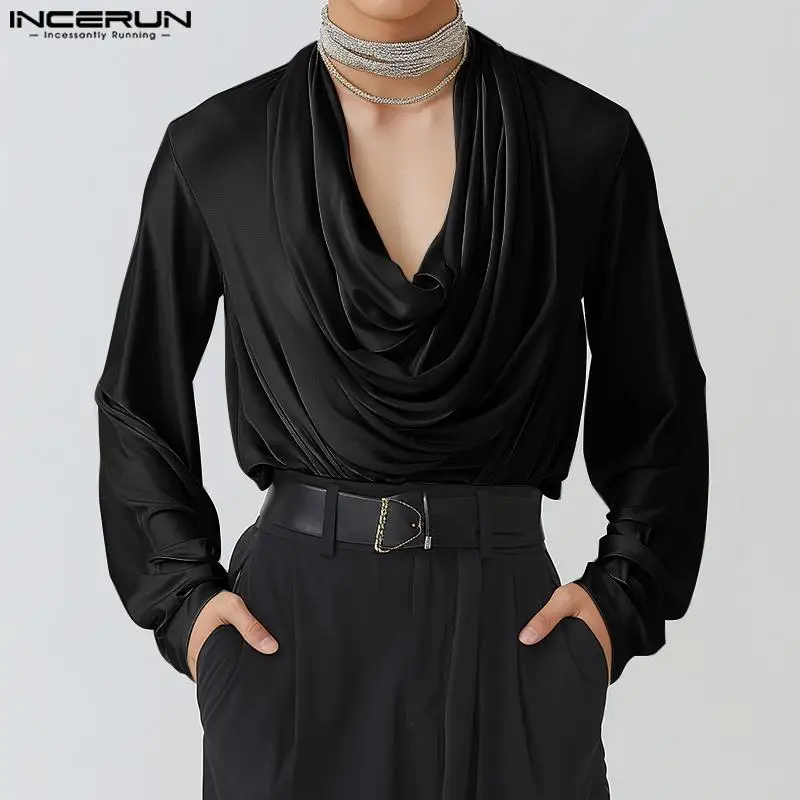 

Handsome Well Fitting Tops INCERUN Men's Pile Neck Reflective Fabric Shirt Leisure Clubwear Solid Long Sleeved Blouse S-5XL 2024