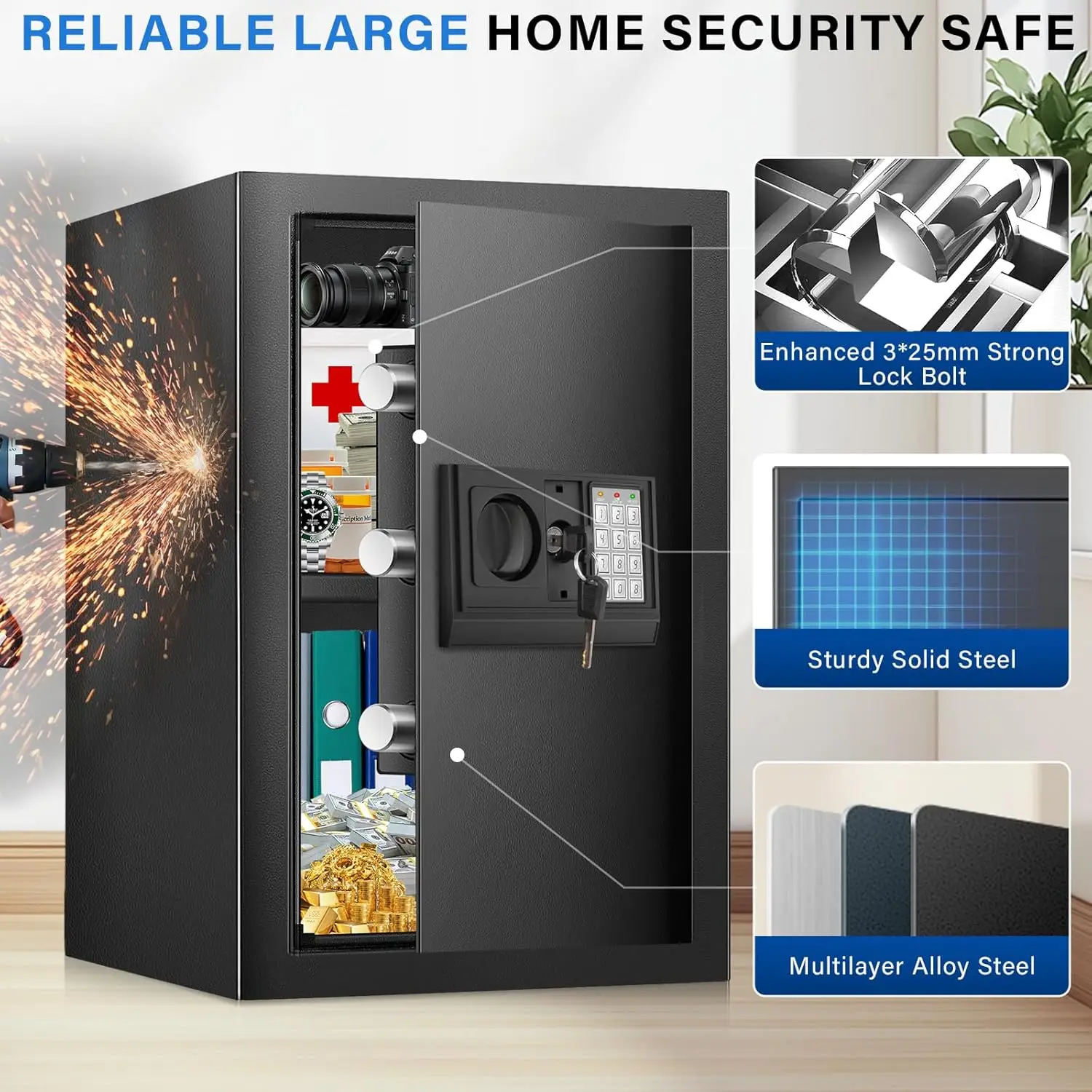 2.7 Cuft Safe Box, Home Safe with Fireproof Waterproof Bag, Anti-Theft Digital Security Lock Box with Smart Alert System, Remova