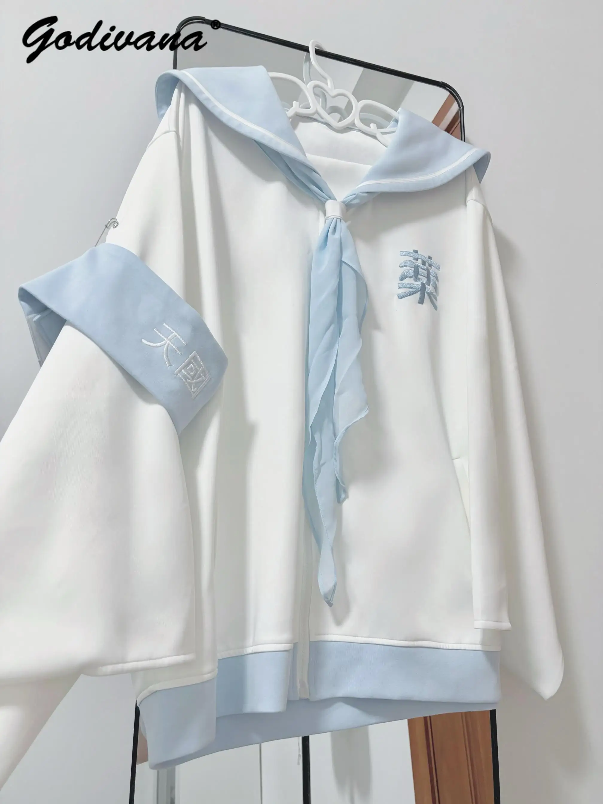 Original Medical Department Water Color Jacket New Autumn Y2K Girl Female Sailor Collar Loose Zipper Hoodie Coat Outwear