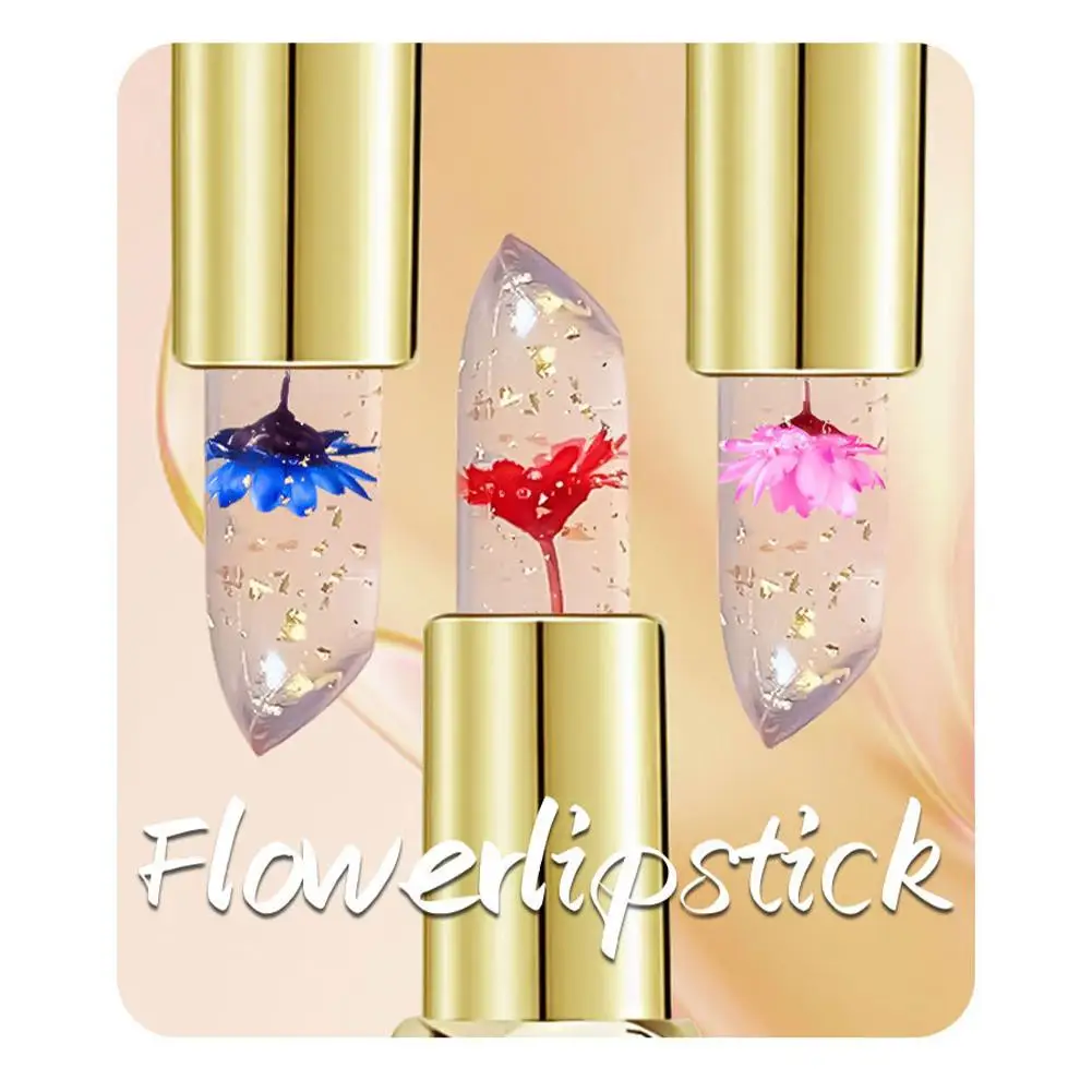 Lápiz labial de gelatina de cristal con flores frescas en el interior, hidratante, brillo de labios transparente, bálsamo que cambia de Color con temperatura, lápiz labial de estado de ánimo