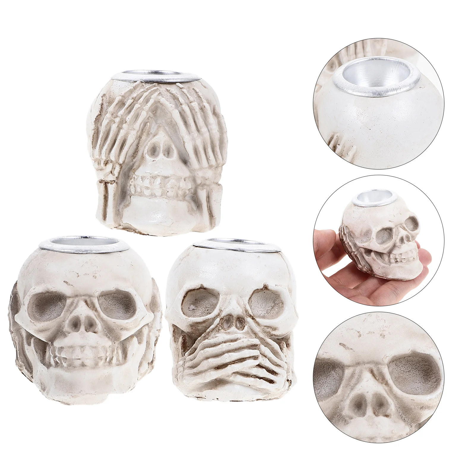 

3Pcs Skull Holder Retro Alloy Resin Gothic Style Halloween Spooky Tealight Holders Skull Candlesticks