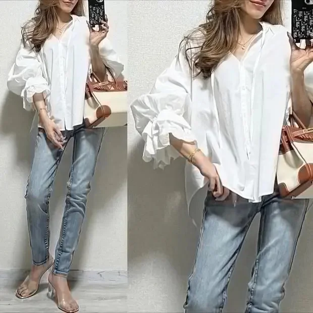 

Рубашки с длинным рукавом Женские атласные блузки Slim Fit с отложным воротником на пуговицах Элегантный офисный женский весенний вид Шикарный формальный 