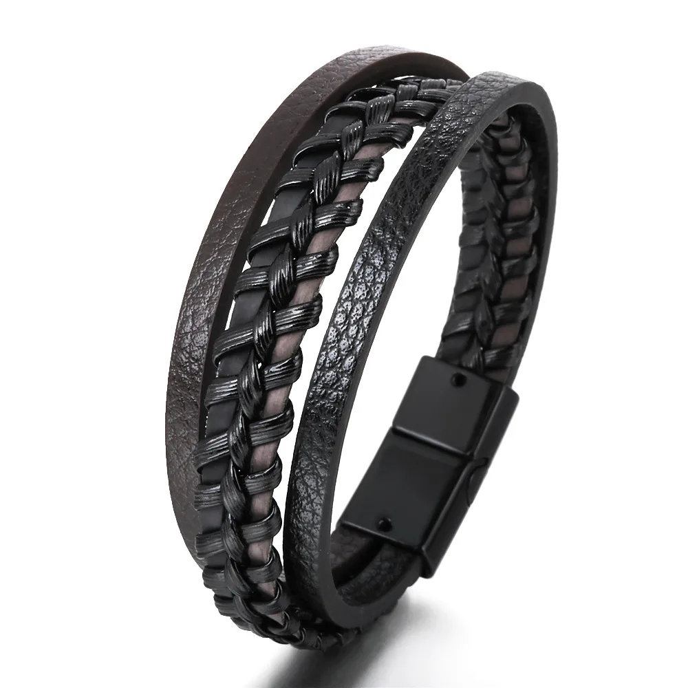 Trendy Leather Bracelets For Men Stainless Steel Bracelet 21CM Multilayer Braided Rope Bracelets for Male Jewelry Gifts image 3
