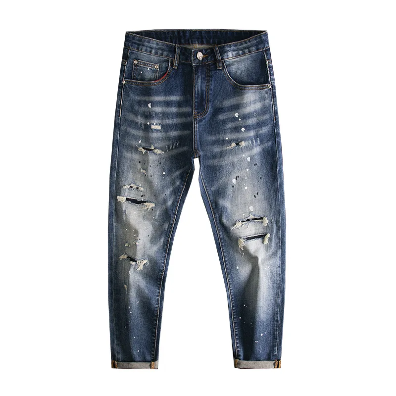 Splash ink ripped patch jeans for men, retro blue, slim fit, small feet, elastic and cool, spring and summer thin fashion pants
