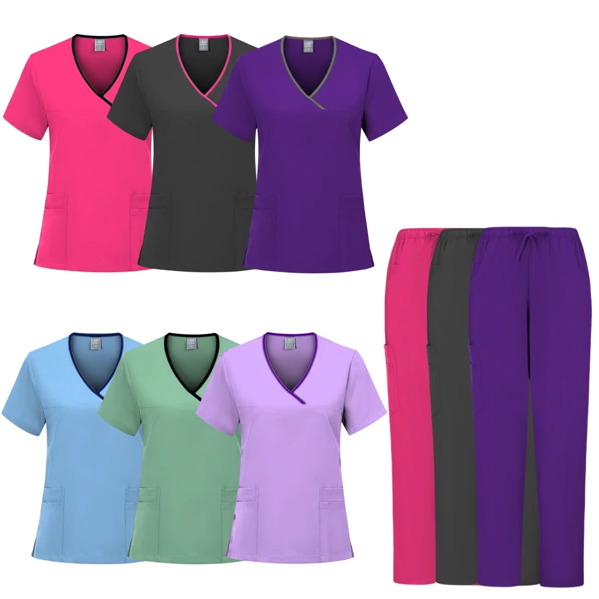 Multicolour Jogger Suits Doctor Nursing Uniforms Short Sleeve V-Neck Tops Pocket Pants Nurse Scrubs Set Medical Clinical Clothes