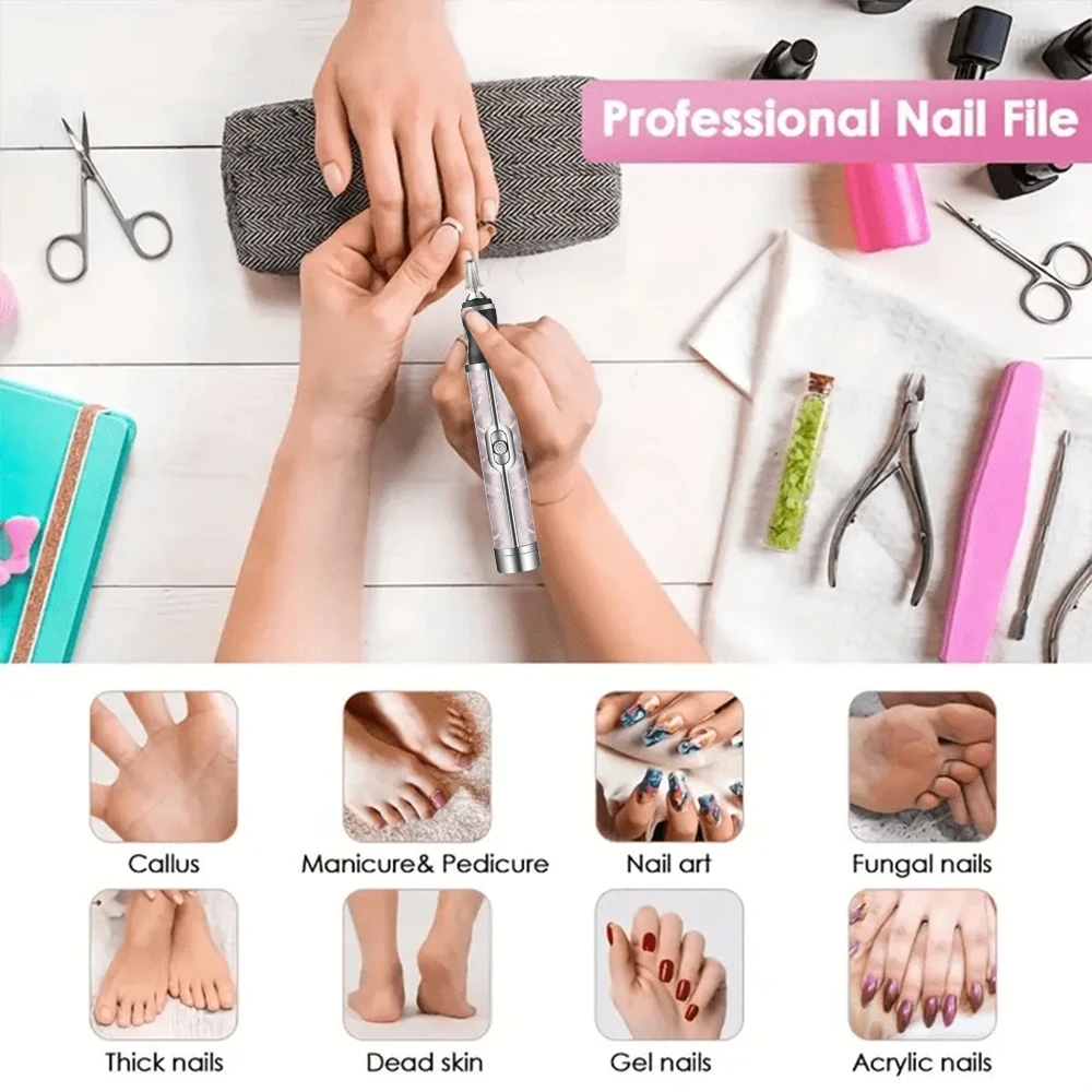Moedor de unhas elétrico recarregável, máquina de polimento de unhas portátil, mini kit elétrico de pedicure para salão de beleza doméstico