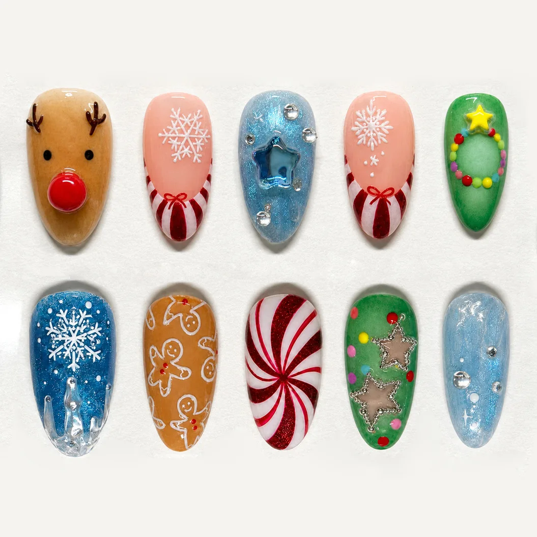 2026 Christmas False Nails Colorful Winter Party Style Almond Press on Nails Snow Star Design False Nails Wearable Reusable