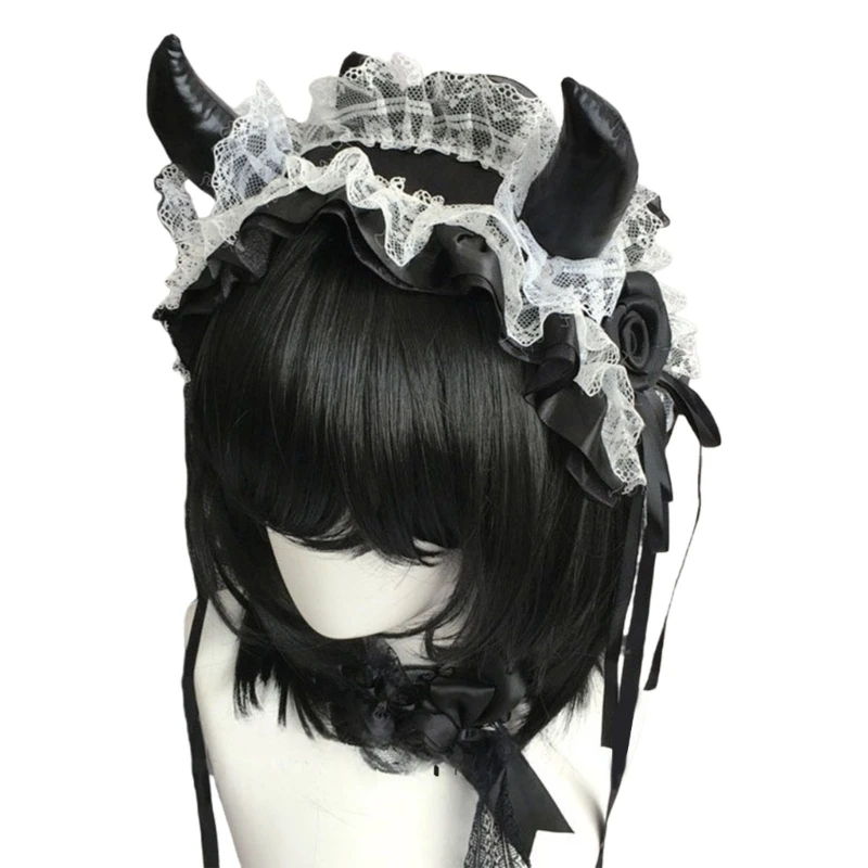 652F Devil Horn Headband Headpiece Gothic Lace Hairband Gothic Costume Accessories For Women Halloween Cosplay Music Festival