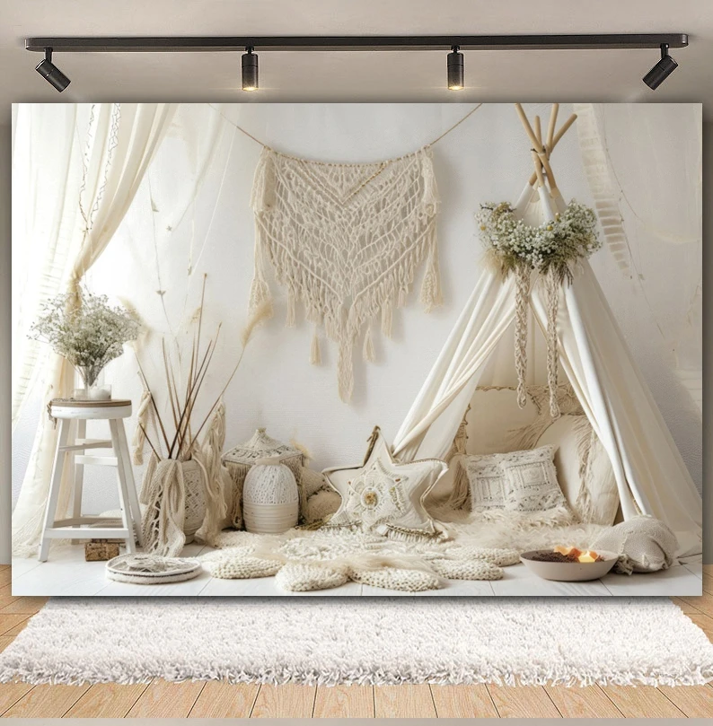 Bohemian Poise Photography Backdrop Boho White Tent Tassels Spring Flowers Baby Showr Birthday Party Cake Smash Decor Background