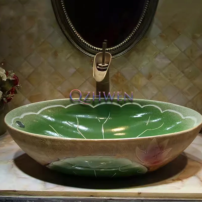 

56cm Retro Ceramic Washbasin Oval Bathroom Sink Lotus Leaf Antique Countertop Art Basin Balcony Vessel Sink with Spillway Hole