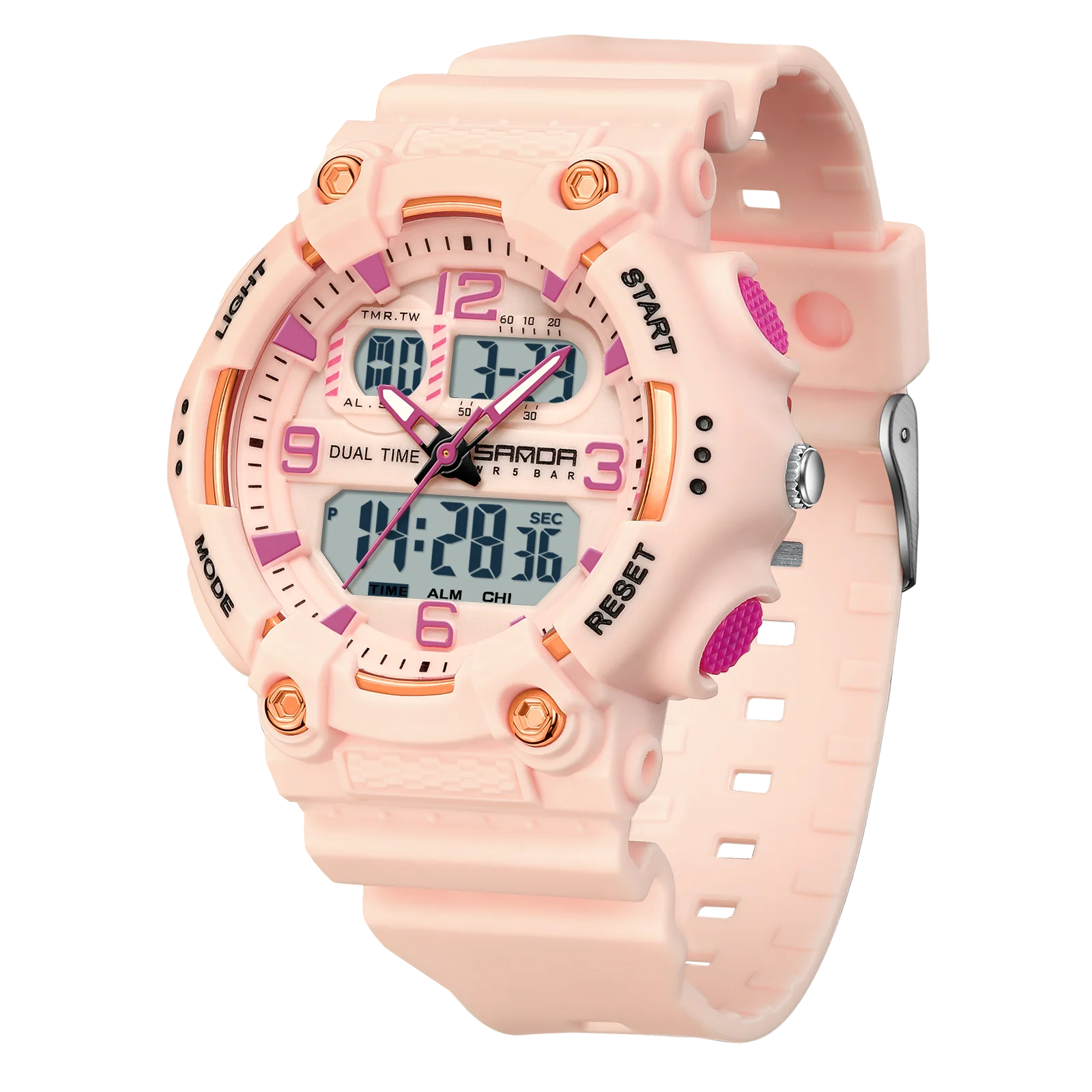 SANDA SD6179 Женские спортивные кварцевые электронные часы с двойным дисплеем, многофункциональные светодиодные ночники, водонепроницаемые повседневные часы