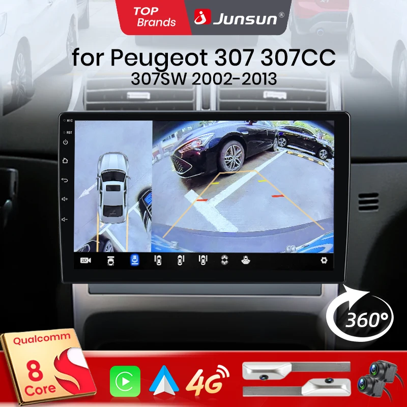 Junsun Qualcomm 8 cœurs 360 °   Caméra panoramique sans fil CarPlay Android Auto autoradio pour Peugeot 307 307CC 307SW 2002 - 2013 GPS