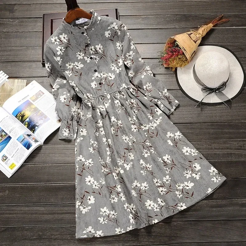 2024 Spring Autumn Corduroy Women Dresses Long Sleeve Vintage Dress Fashion Print Floral Buttons Slim Dress Elegant Femininos Ve