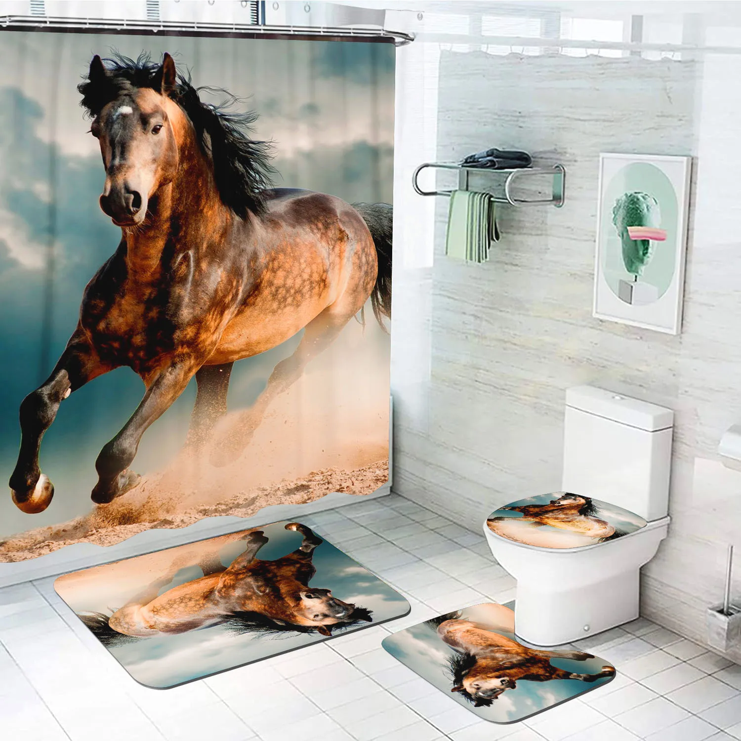 Animals, Horses  Anime Home 100% Polyester Bathroom Accessories 4 Piece Set Mats And Shower Curtain  Curtains Sets Luxury