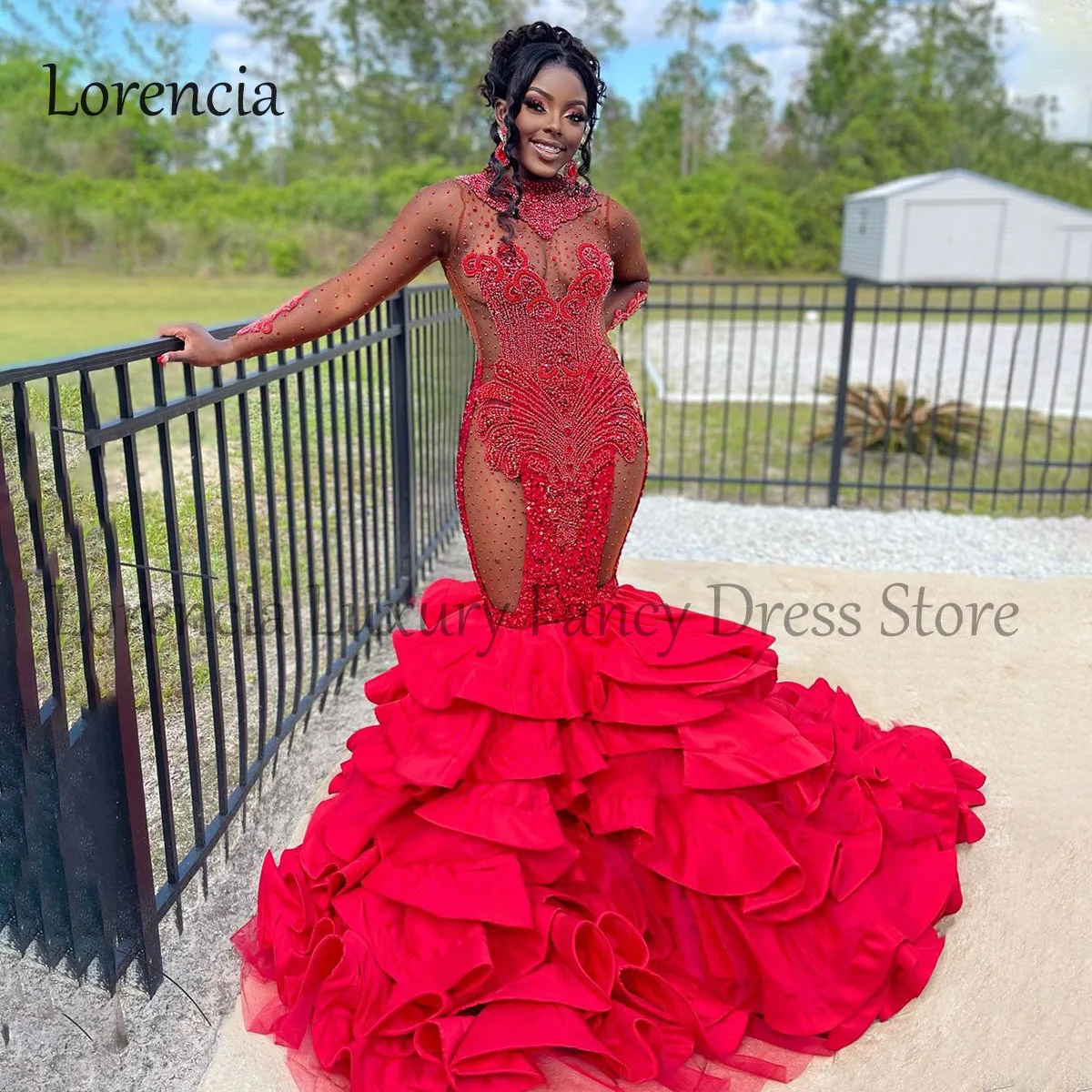 

Sparkly Red Diamonds Mermaid Prom Dresses Layered For Black Girls Rhinestones Formal Eening Party Gowns Sexy vestidos de gala