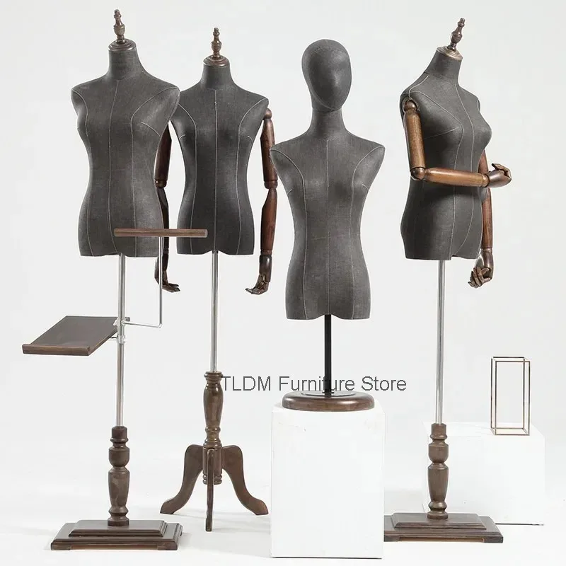 Clothing Store Model Rack Half Body Female Models Prop Mannequins for Suit & Wedding Dress Display Rack Vintage Wooden Base