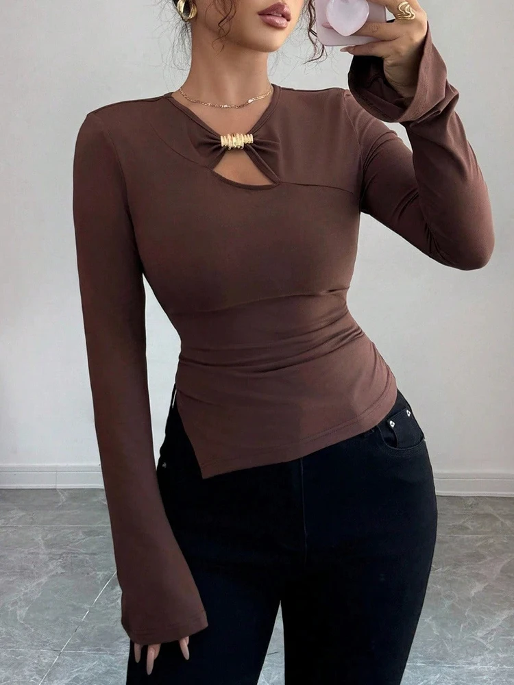 

2026,New,European,Clothes,T-Shirt,Chic,Sexy,V-Neck,Irregular,Hollow out,Women,Tops,Long Sleeve,Bottoming Shirt,Slim,Tees,511016